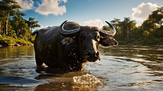 Large buffalo walks through a serene tropical river surrounded by lush greenery and trees under a partly cloudy sky