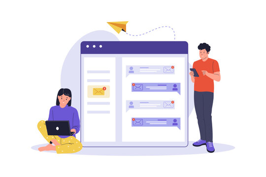 Illustration of People Having Conversation in Email Thread. Two people communicating through an organized email thread or chain of messages in a digital interface, showing continuous correspondence