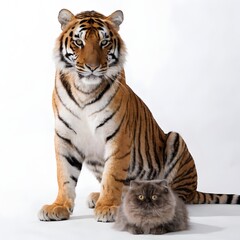 Obraz premium Tiger and fluffy Persian cat sitting together in studio lighting on white background