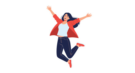 Obraz premium Young girl in a red shirt and jeans jumps high into the air with her arms spread wide in a gesture of pure joy and success.
