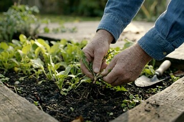 Fototapeta premium Gardener's hands carefully removing a weed from a raised garden bed with young plants