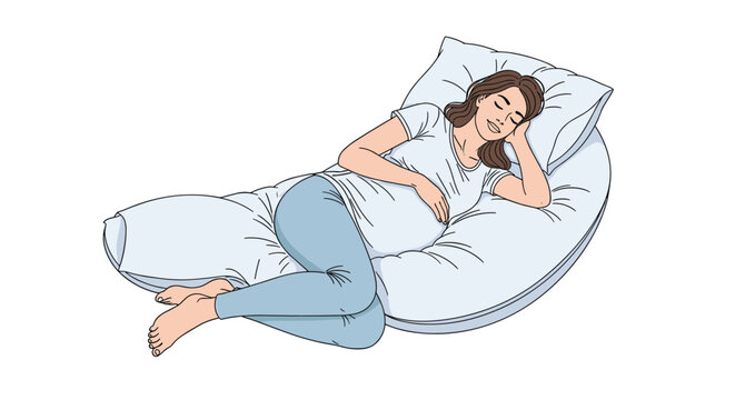 Pregnant woman in a white shirt and blue leggings sleeps peacefully on a large U-shaped body pillow for comfort and support.