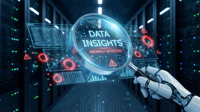 An illustration of a robotic hand analyzing data and insights using a magnifying glass. Focus on anomaly detection within a futuristic digital interface