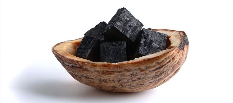 walnut shell half filled with black charcoal cubes on white background, minimal still life with striking contrast and natural textures