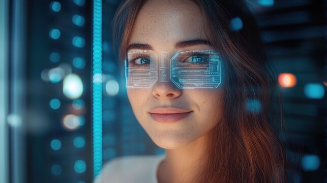 Close-up portrait of a young woman with long hair and freckles, smiling confidently as a holographic augmented reality display hovers over her eyes against glowing blue tech lights