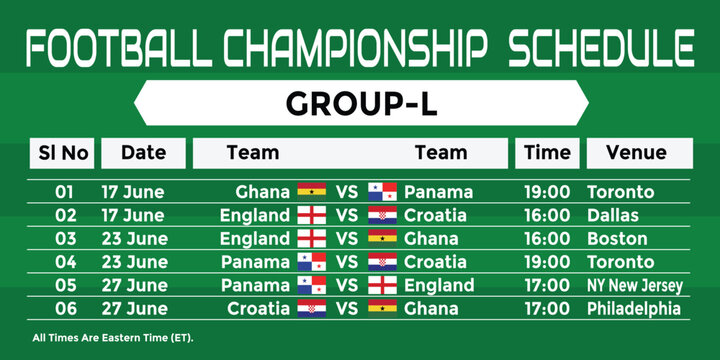 2026 World Football Tournament Group L Match Schedule Printable Wall Chart. England, Croatia, Ghana, Panama Match fixtures. USA Mexico Canada Football Championship Poster.