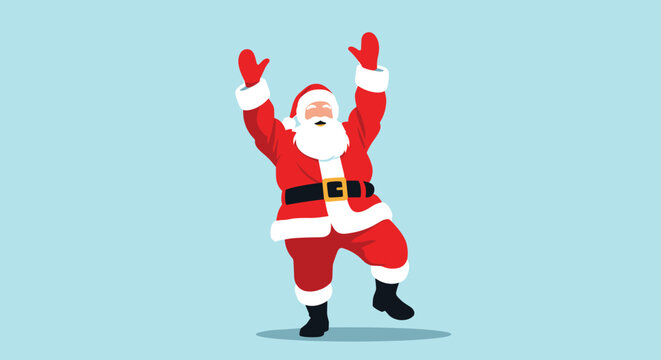 Cheerful Santa Claus dancing happily with his hands raised high in the air against a bright blue background for Christmas.