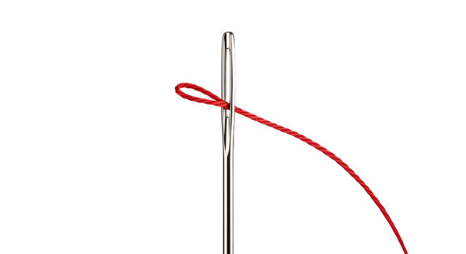 Close-up of a sewing needle with a looped red thread for stitching
