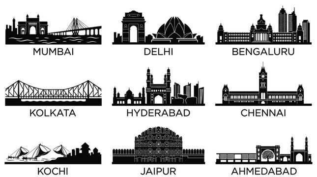 Indian city skyline silhouette icons set with famous landmarks vector illustration