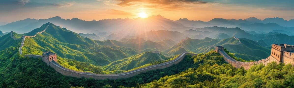 Sunrise over a winding ancient stone wall and watchtowers crossing lush green mountains and misty valleys, bathed in golden light, serene and majestic