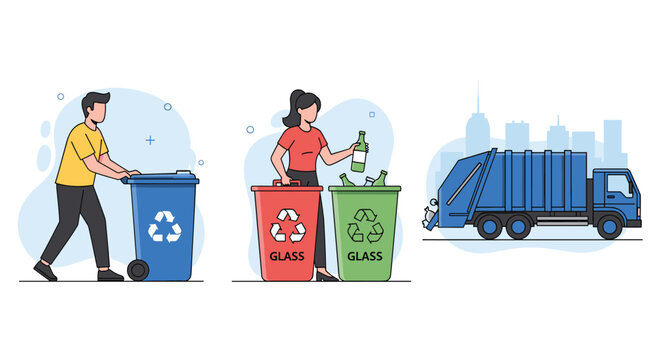Informative collage about glass recycling featuring a man with a bin a woman sorting bottles and a large garbage truck.