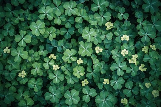 Dense carpet of clover and sorrel leaves in varying green tones with pale young leaves creating a tranquil, fresh, calming pattern