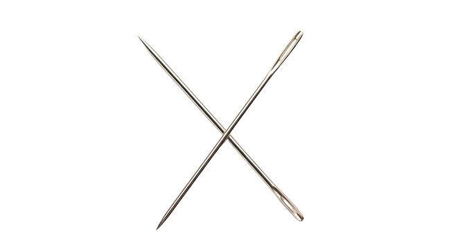Two shiny metal knitting needles crossed over each other on white background