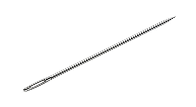 Closeup of a shiny metal sewing needle on white background