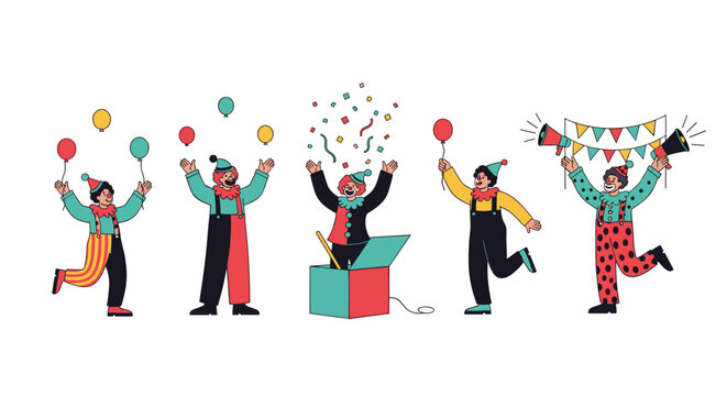 Five cheerful clowns in colorful costumes performing various circus acts such as juggling and magic to entertain an audience at a party.