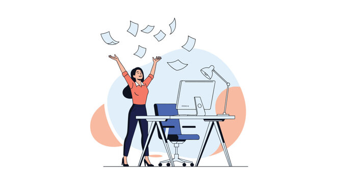 Excited businesswoman throwing papers in the air at her office desk to celebrate finishing a project or quitting her job with joy.
