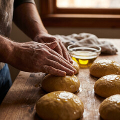 Fototapeta premium Hands shaping dough balls on a wooden surface beside a glass bowl of oil and a kitchen towel near a window in natural light for homemade bread preparation