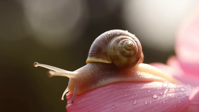 Macro shot of a snail on a dewy peony petal in golden light, elegant and meditative atmosphere for luxury beauty and slow living brands