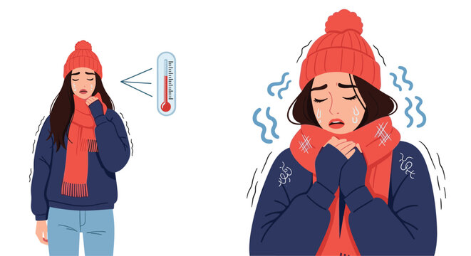 Sick young woman wearing a warm hat and scarf while shivering from cold with a thermometer showing a high fever temperature.