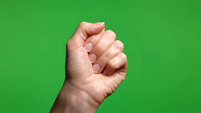 Close up of a hand making a fist against a green screen background.