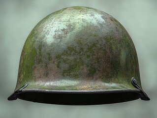 Naklejka premium Weathered green military helmet with mottled rust, scratches, and visible black side lugs, textured corroded metal surface evoking resilience and quiet solitude
