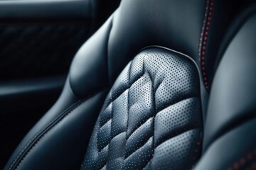 Fototapeta premium Close-up of black perforated quilted leather car seat with red contrast stitching, sporty luxurious ergonomic cushion conveying comfort and sophistication