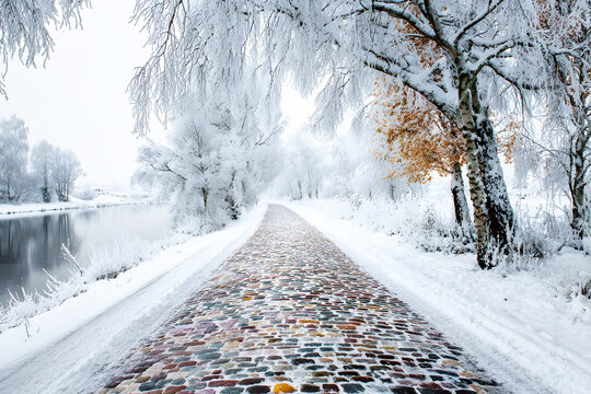 Landscape winter cobblestone road of vibrant multicolored stones winds through serene setting. Covered ice dramatic visual impact bending tree branches underweight. White snow gently cascades of road