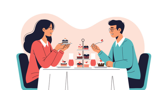Happy couple enjoying delicious cakes and sweets during a romantic date at a cafe with a tiered dessert stand.