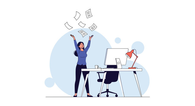 Frustrated office worker throwing a pile of papers in the air while standing at her desk with a computer and lamp.
