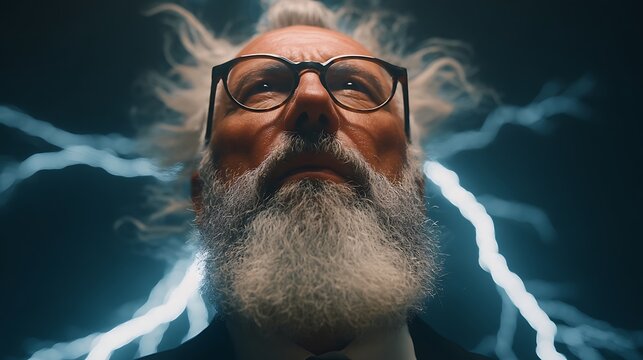 Elderly man with white beard and glasses looking thoughtfully with blue glowing energy effects