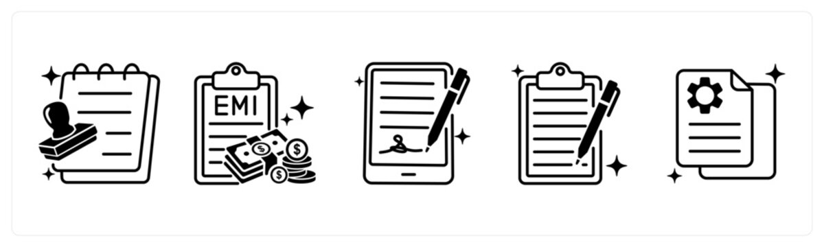 A set of 5 mix icons as loan approval, emi payment, agreement