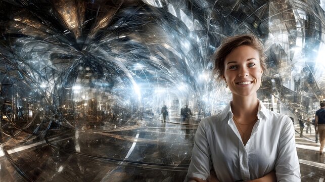 A confident woman smiles against a dramatic futuristic backdrop symbolizing knowledge and technological innovation