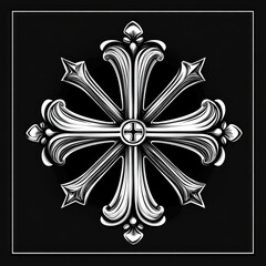 Fototapeta premium ornate white floral cross emblem with flowing curled arms and decorative pointed tips on black background, elegant solemn regal