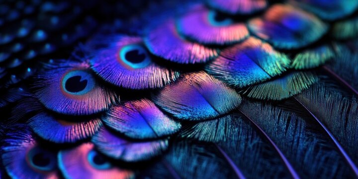 close-up of layered iridescent peacock feathers with vibrant blue purple and green eye spots, shimmering texture and elegant mesmerizing ornate plumage