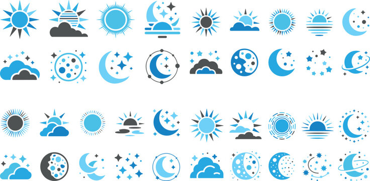 Collection of various weather icons with sun moon clouds and stars in blue and gray colors