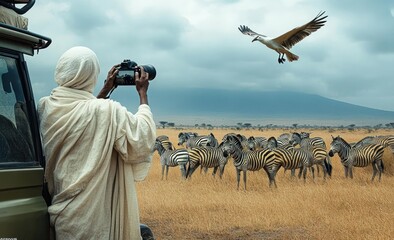 Obraz premium person in light robe photographing a herd of zebras on a golden savanna from a safari vehicle as a large bird soars overhead under cloudy skies, evoking wonder and calm
