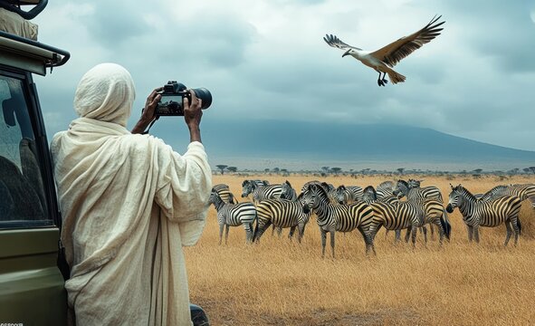 person in light robe photographing a herd of zebras on a golden savanna from a safari vehicle as a large bird soars overhead under cloudy skies, evoking wonder and calm