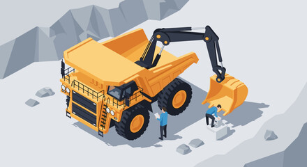 Isometric illustration of a giant mining dump truck being loaded by an excavator with workers. © Re