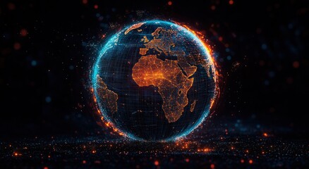 Fototapeta premium Glowing digital Earth with illuminated networked continents, vibrant orange city lights and blue grid lines, futuristic energetic connected global visualization