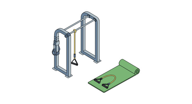 Isometric illustration of a cable crossover machine and an exercise mat with resistance bands.