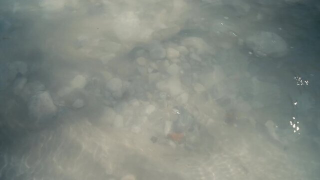Abstract view of sunlight creating patterns on stones beneath a clear water surface. Soft ripples and light reflections form a calm and natural background texture.