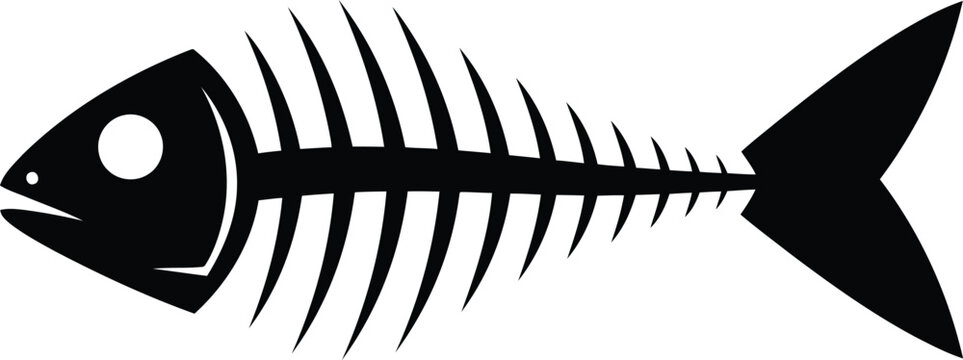 Black silhouette of a fish skeleton with fins and tail, isolated on a gray checkered background