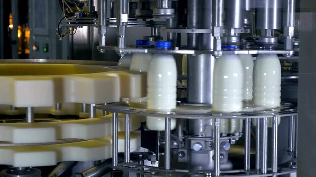 Automated milk bottling process in a modern dairy factory.