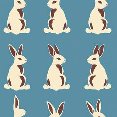 Fototapeta premium repeating pattern of calm cream and brown rabbits sitting in profile on blue background