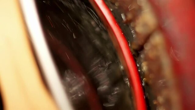 Close up of rotating industrial machine with grease and moving mechanical parts. Detailed view of lubrication, friction and engineering process inside working equipment.