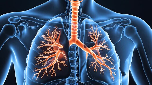 "Medical illustration of semi-transparent lungs with orange bronchial tree branching from trachea, symbolizing respiration, air passage, and internal anatomy."