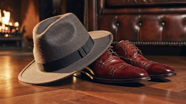 Brown fedora hat and red shoes.
