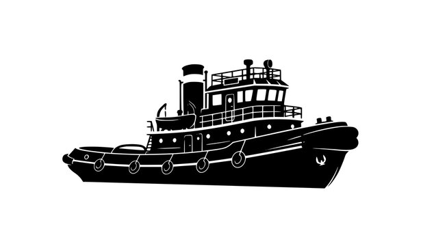 Tugboat black silhouette vector icon detailed marine vessel shape illustration isolated on white