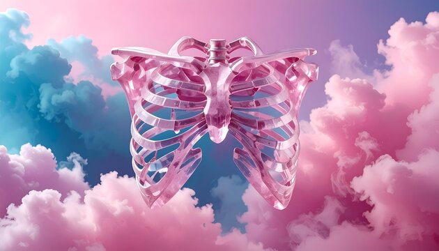 A translucent glass pink human ribcage thoracic skeleton model floating gracefully amidst pastel clouds