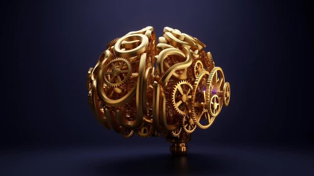 Golden mechanical brain with intricate gears functioning in a dark studio, 3d render illustration.